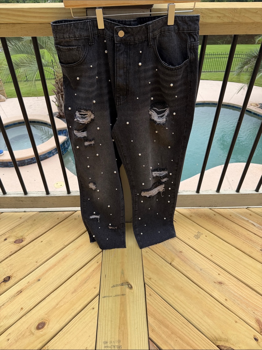 Vocal Black Distressed Pearl-Embellished Jeans